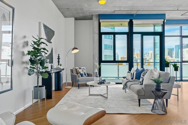 living room with expansive windows and wood-type flooring