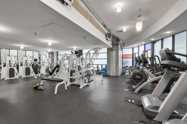 workout area featuring a wall of windows