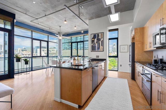 kitchen with ceiling fan, a center island with sink, sink, light hardwood / wood-style flooring, and appliances with stainless steel finishes