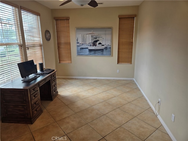 tiled office with ceiling fan