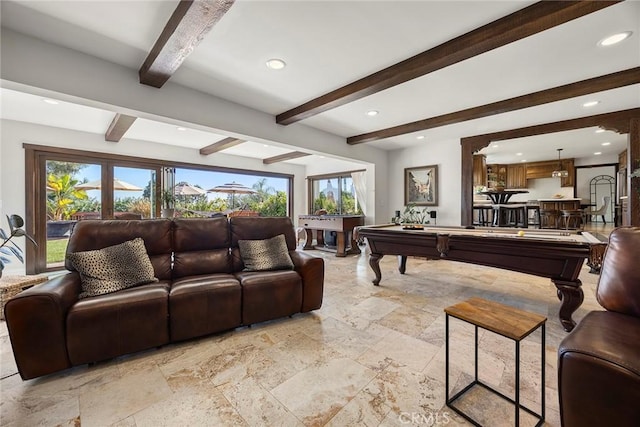 recreation room featuring beamed ceiling and billiards