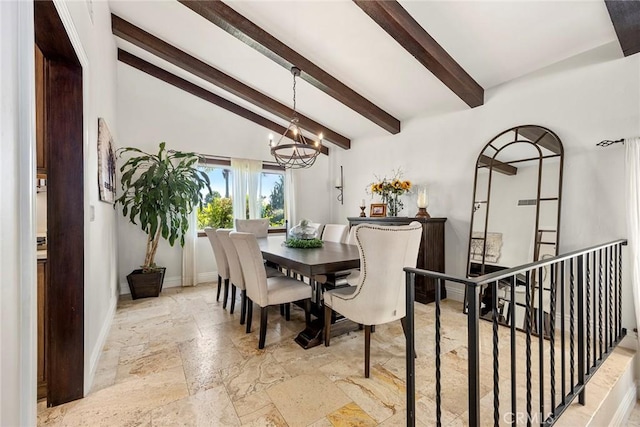 dining area featuring vaulted ceiling with beams and an inviting chandelier