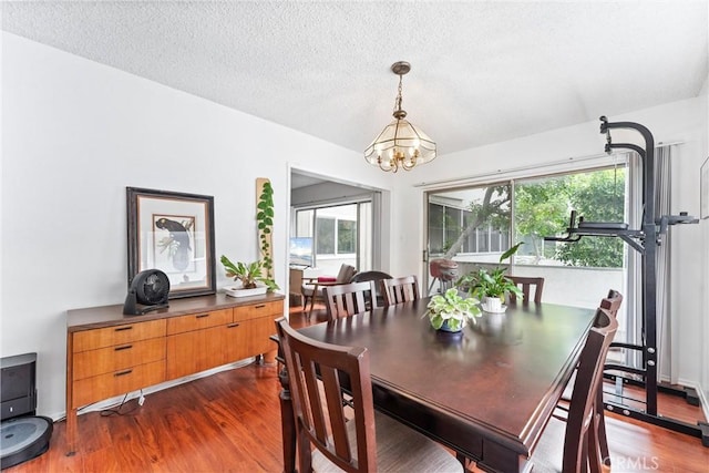 dining room with a textured ceiling, hardwood / wood-style flooring, and an inviting chandelier