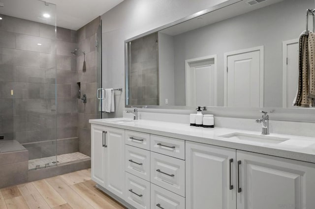 bathroom featuring walk in shower, vanity, and wood-type flooring