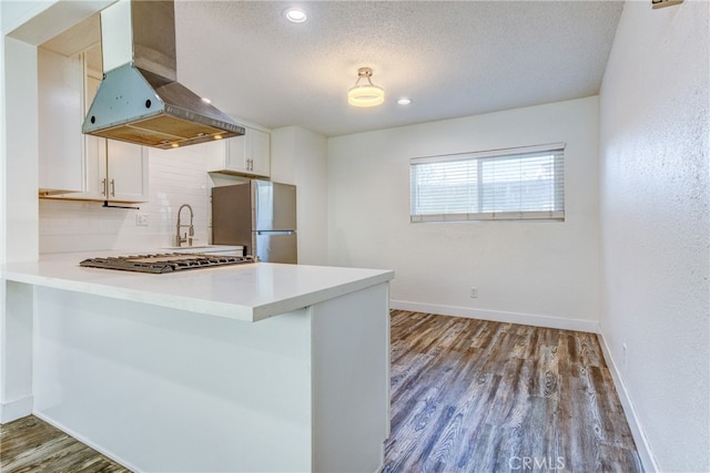 kitchen with wood-type flooring, white cabinetry, kitchen peninsula, appliances with stainless steel finishes, and exhaust hood