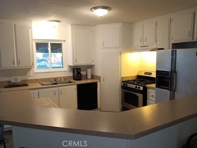 kitchen featuring white cabinets, dishwasher, white refrigerator with ice dispenser, sink, and stainless steel gas range oven