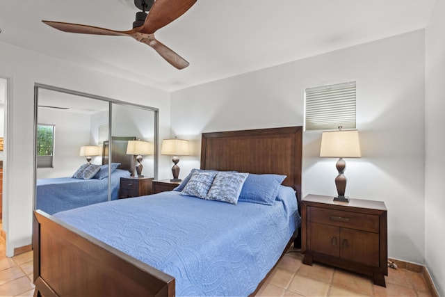 bedroom featuring light tile patterned floors, a closet, and ceiling fan