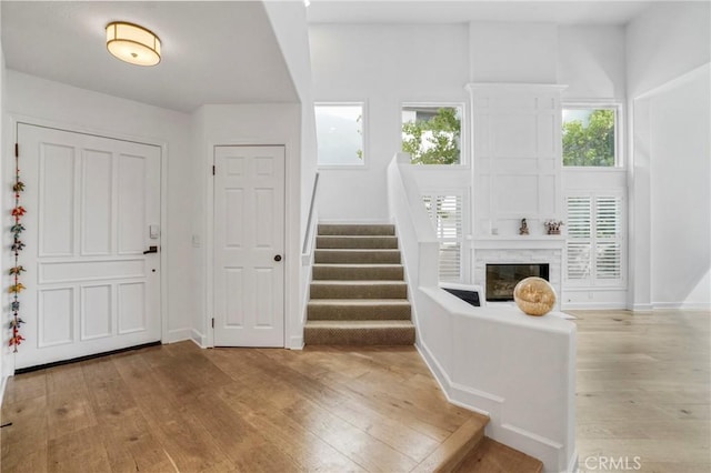 entryway with a fireplace, a healthy amount of sunlight, and light wood-type flooring