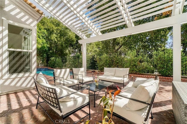 view of patio / terrace featuring an outdoor hangout area and a pergola