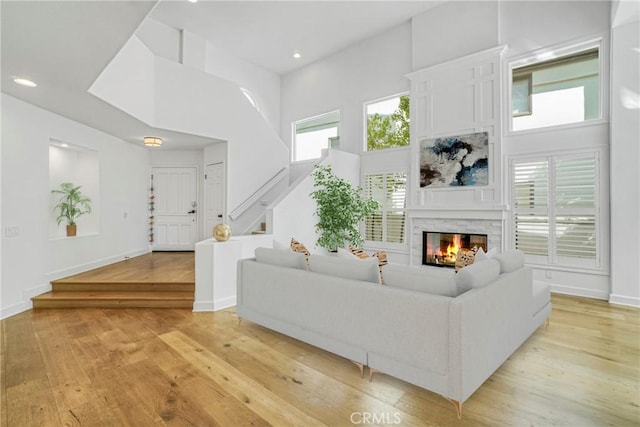 living room featuring a towering ceiling and light hardwood / wood-style floors