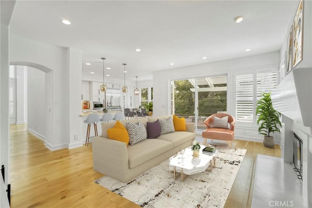 living room with light hardwood / wood-style flooring