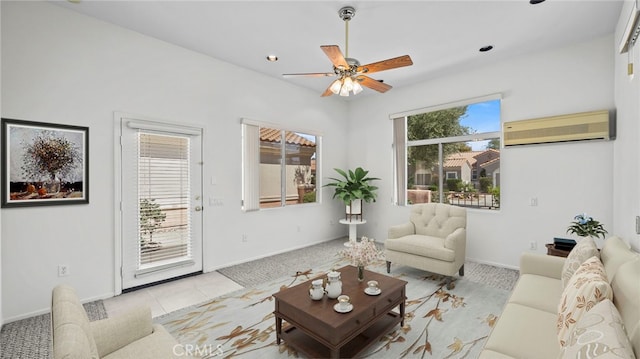 carpeted living room with ceiling fan and an AC wall unit