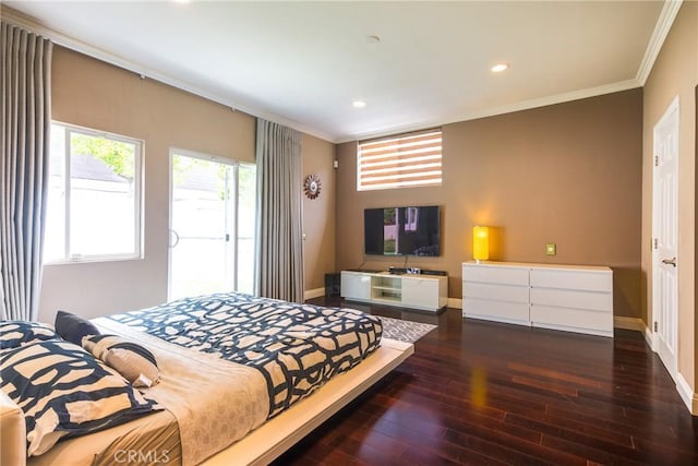 bedroom featuring ornamental molding and dark wood-type flooring