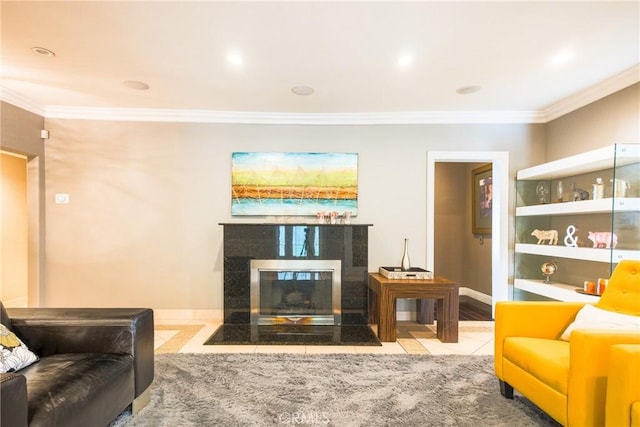 tiled living room with a fireplace and crown molding