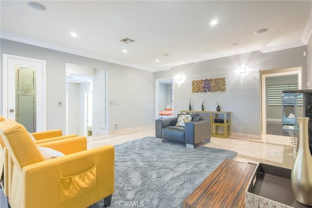 living room with ornamental molding