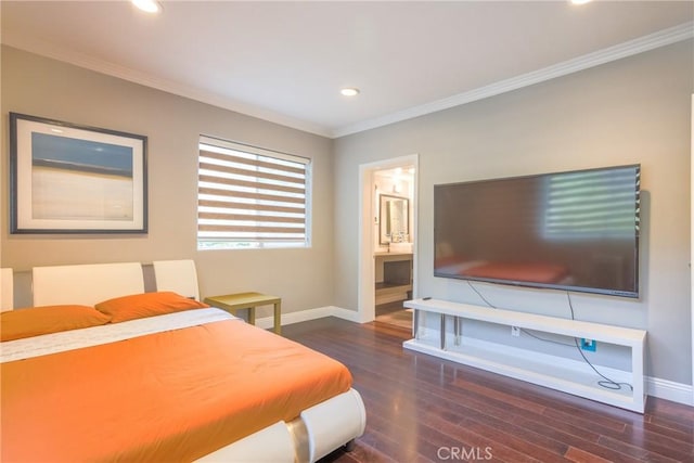 bedroom with dark hardwood / wood-style floors, ensuite bath, and ornamental molding