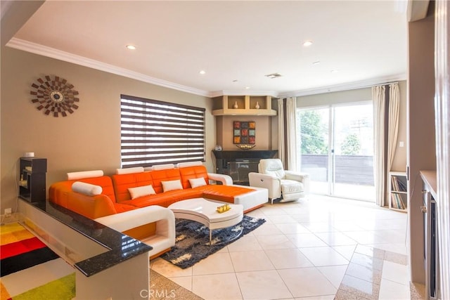 tiled living room featuring crown molding