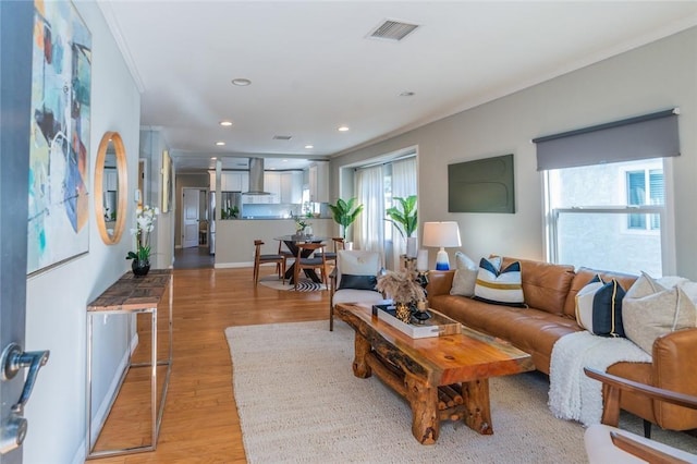 living room featuring light hardwood / wood-style floors and ornamental molding