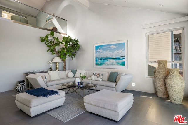 living room featuring high vaulted ceiling