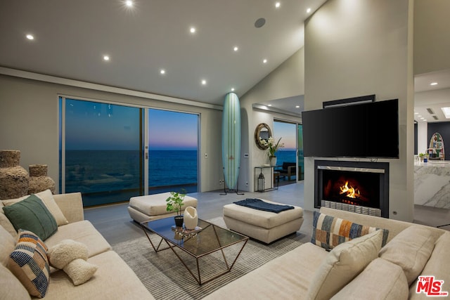 living room with high vaulted ceiling