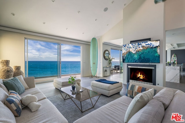 living room with high vaulted ceiling