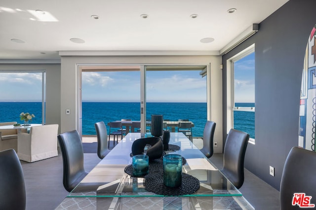 dining room featuring a water view and a healthy amount of sunlight