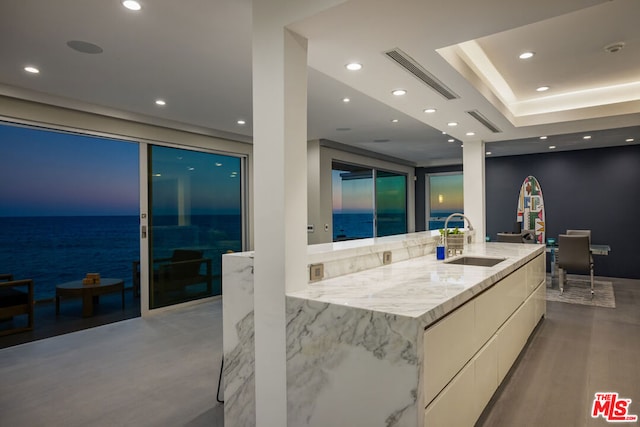 bathroom with a tray ceiling, sink, and a water view