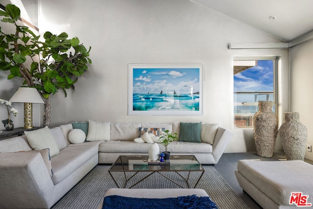 living room featuring lofted ceiling