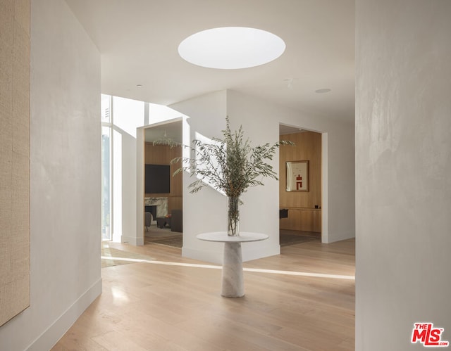 hall with light wood-type flooring and floor to ceiling windows