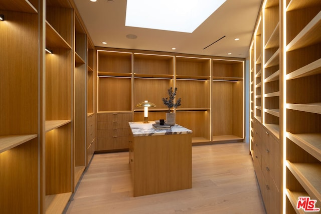 spacious closet with a skylight and light wood-type flooring