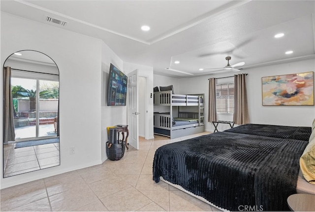 bedroom with access to outside, light tile patterned floors, and ceiling fan