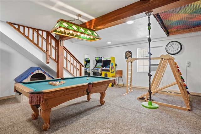 playroom with beam ceiling, carpet flooring, and pool table