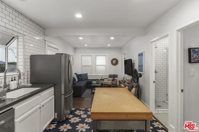 kitchen with white cabinetry, sink, dark hardwood / wood-style floors, and appliances with stainless steel finishes