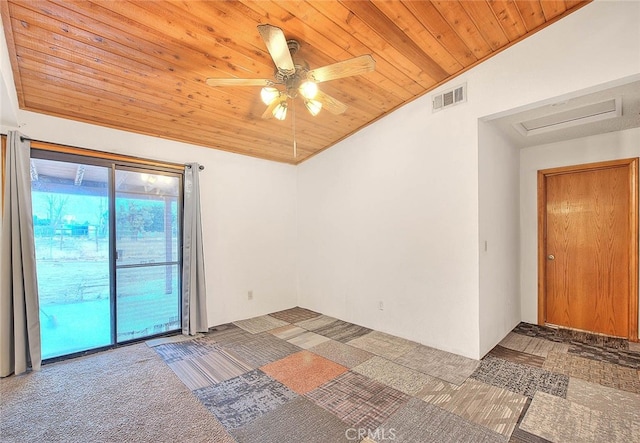 empty room with wooden ceiling, vaulted ceiling, ceiling fan, and carpet floors