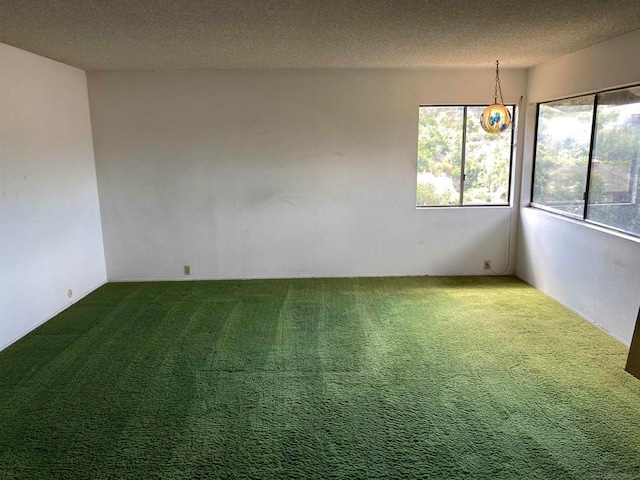 carpeted empty room featuring a textured ceiling and golf simulator