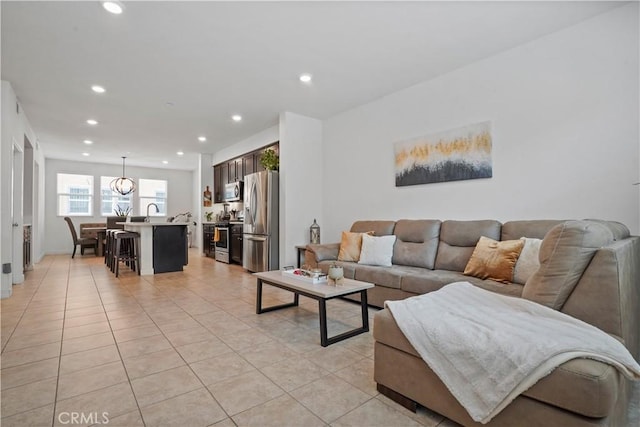 living room with light tile patterned floors