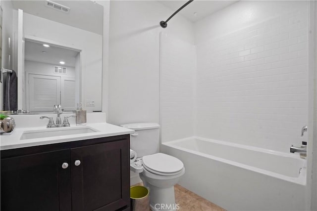 full bathroom with tile patterned flooring, vanity, bathing tub / shower combination, and toilet