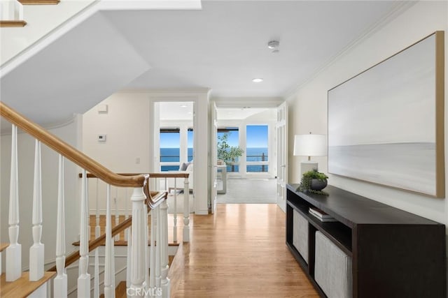 hall featuring light hardwood / wood-style floors and crown molding