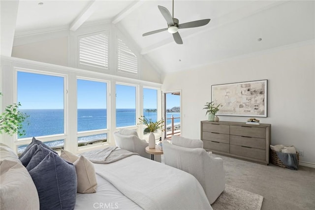 bedroom featuring light colored carpet, ceiling fan, a water view, high vaulted ceiling, and beamed ceiling