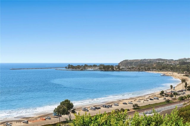 view of water feature with a beach view