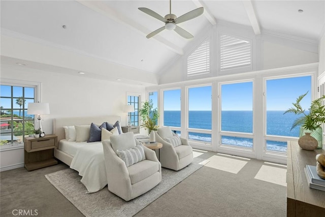 carpeted bedroom with high vaulted ceiling, a water view, crown molding, ceiling fan, and beam ceiling