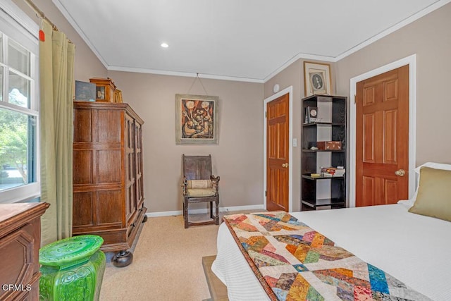 carpeted bedroom featuring ornamental molding