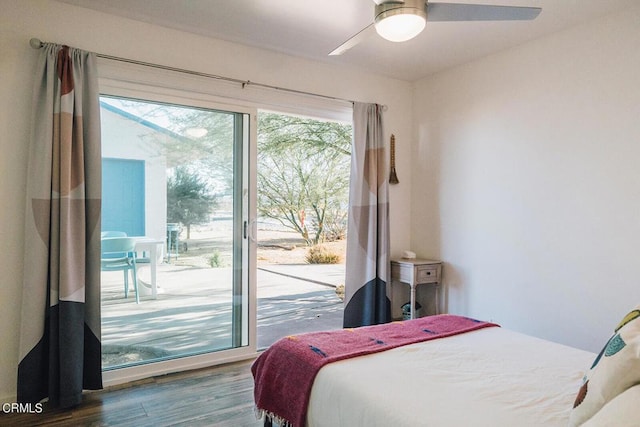 bedroom with access to outside, ceiling fan, and hardwood / wood-style floors