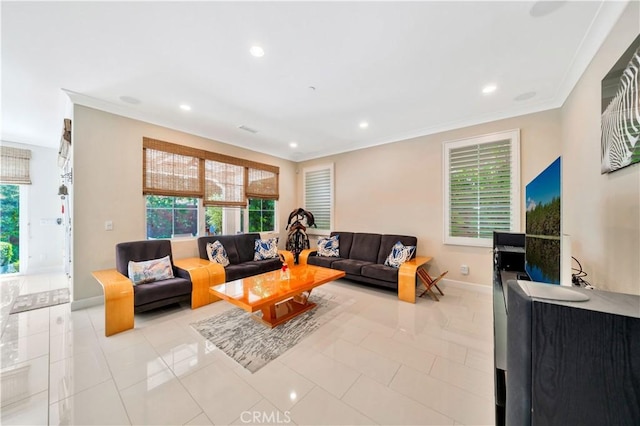 tiled living room featuring crown molding and plenty of natural light