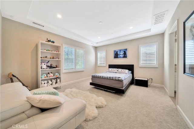 carpeted bedroom with a raised ceiling