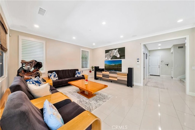 tiled living room featuring ornamental molding