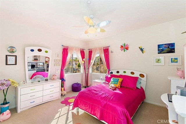 carpeted bedroom with ceiling fan