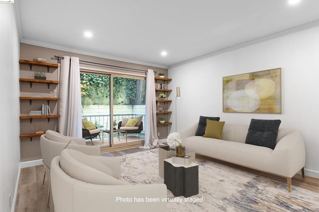 living room with wood-type flooring and crown molding