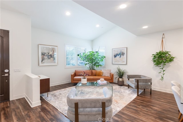 living room with vaulted ceiling and dark hardwood / wood-style flooring