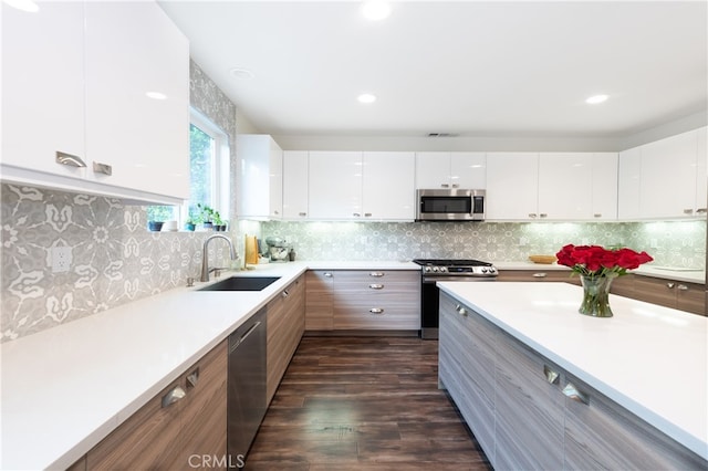 kitchen with white cabinetry, tasteful backsplash, dark hardwood / wood-style flooring, stainless steel appliances, and sink